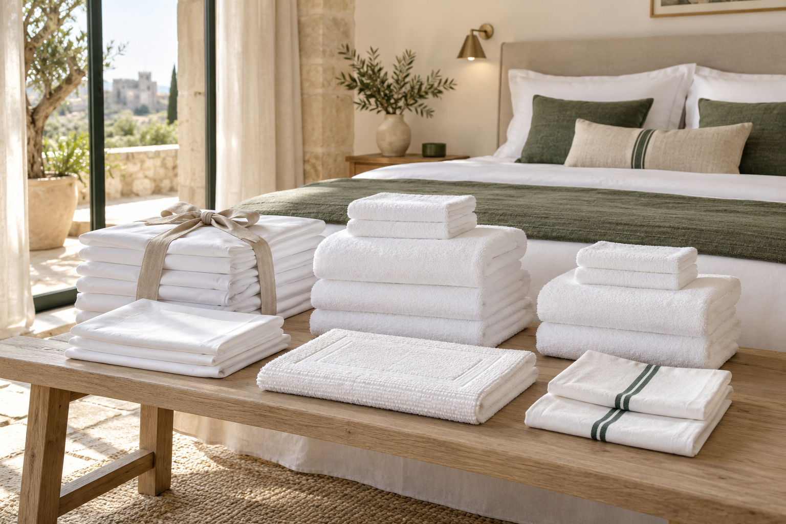 Draps et linge hôtelier blancs soigneusement pliés dans un intérieur premium