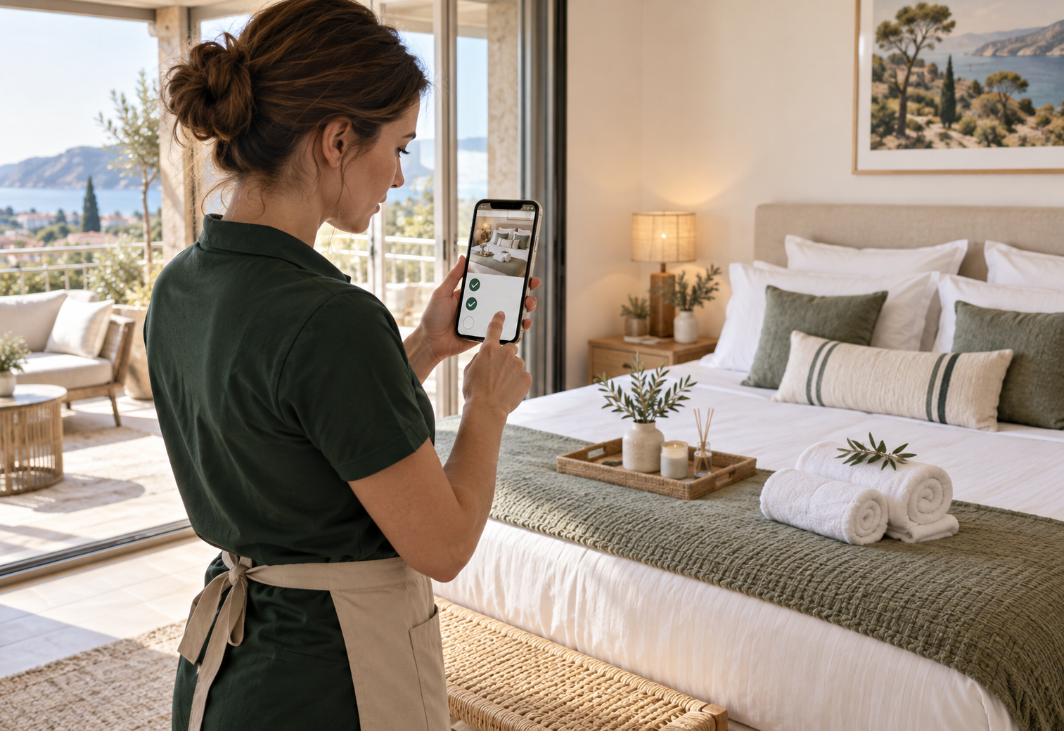 Partenaire Sekoya réalisant le contrôle qualité d’un logement avec son téléphone